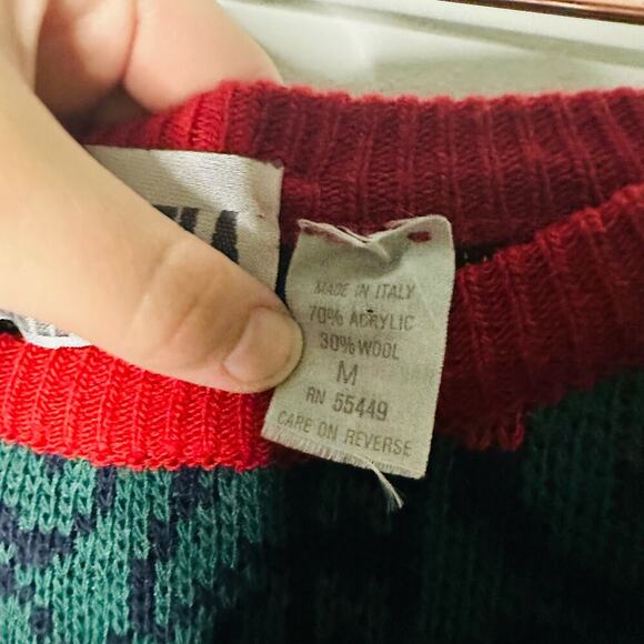 Vintage Tarrazia Red Green Holiday Crewneck Longsleeve Geometric Sweater Size M - Picture 8 of 10